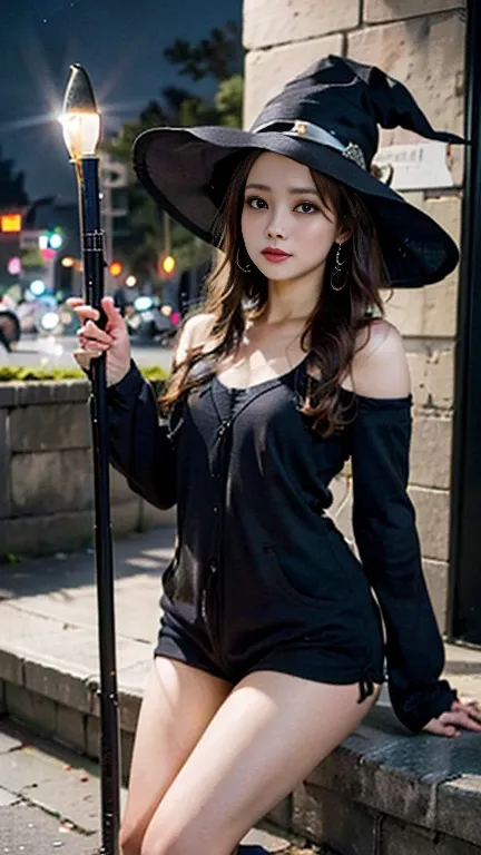 (Immoral)), masterpiece, best quality, wif woman, master best quality,8k, wifemodel, Halloween witch, pumpkin, broom, fantasy, living broom, live pumpkin, night town scenery, night sky, dynamic production, movie lighting, moonlight, extremely fine and beau...