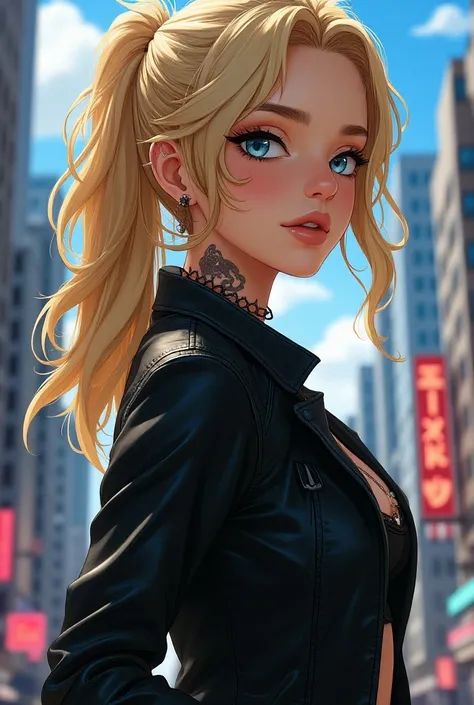 Beautiful studio Ghibli anime woman. She has long wavy blond hair and blue eyes. She is wearing a leather jacket and has ear piercings and tattoos. The background is a city background.