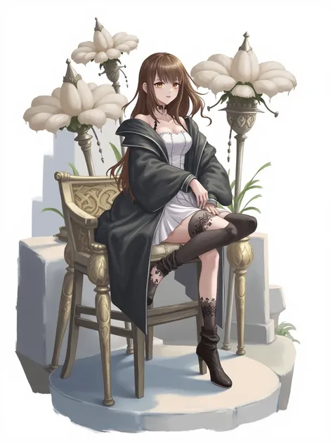 1girl, solo focus, ta fashion, long hair, looking at viewer, blush, bangs, brown hair, thighhighs, long sleeves, dress, holding, brown eyes, standing, jacket, full body, off shoulder, black footwear, white dress, black jacket, (hair swept bangs:1.3), (long...