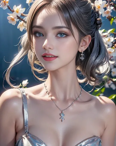  Sexy Clitoris , Cherry blossoms are blooming, smile,  Outfits that are too close to the skin,  sitting on the ground in an obscene pose, 4K, blue eyes,  leotard with visible collarbone , Grey Hair, Platinum decoration, Platinum Earrings, Platinum Necklace...