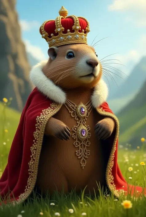 A marmot wearing the kings clothes and wearing a crown