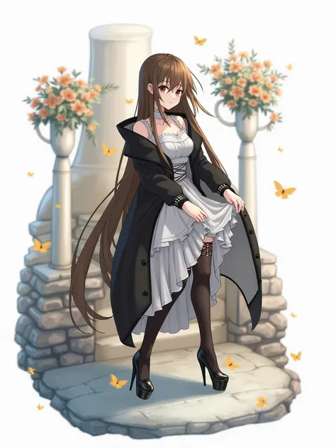 1girl, solo focus, ta fashion, long hair, looking at viewer, blush, bangs, brown hair, thighhighs, long sleeves, dress, holding, brown eyes, standing, jacket, full body, off shoulder, black footwear, white dress, black jacket, (hair swept bangs:1.3), (long...