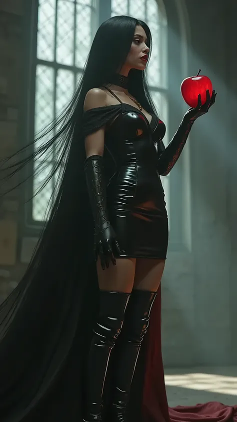 a beautiful girl with long black hair, a black queen with accessories, holding a poison apple, witch queen with red lipstick, wearing a black latex dress from behind, full body shot, boots, (best quality,4k,8k,highres,masterpiece:1.2),ultra-detailed,(reali...