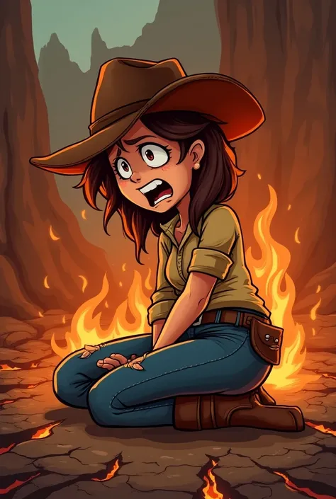 In pain toon cowgirl with both her hands touching the burnt rear seat of her pants, sitting at lava cracks, her butt is on fire, her rear is burning, 