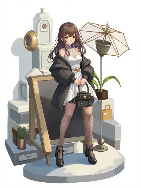 1girl, solo focus, ta fashion, long hair, looking at viewer, blush, bangs, brown hair, thighhighs, long sleeves, dress, holding, brown eyes, standing, jacket, full body, off shoulder, black footwear, white dress, black jacket, (hair swept bangs:1.3), (long...