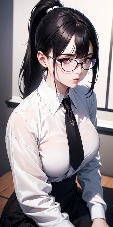 a beautiful girl with pale white skin, short stature, medium length straight black hair in a ponytail, thick black rimmed glasses, wearing a white collared shirt, skirt, and pantyhose, highly detailed, photorealistic, 8k, sharp focus, professional, studio ...