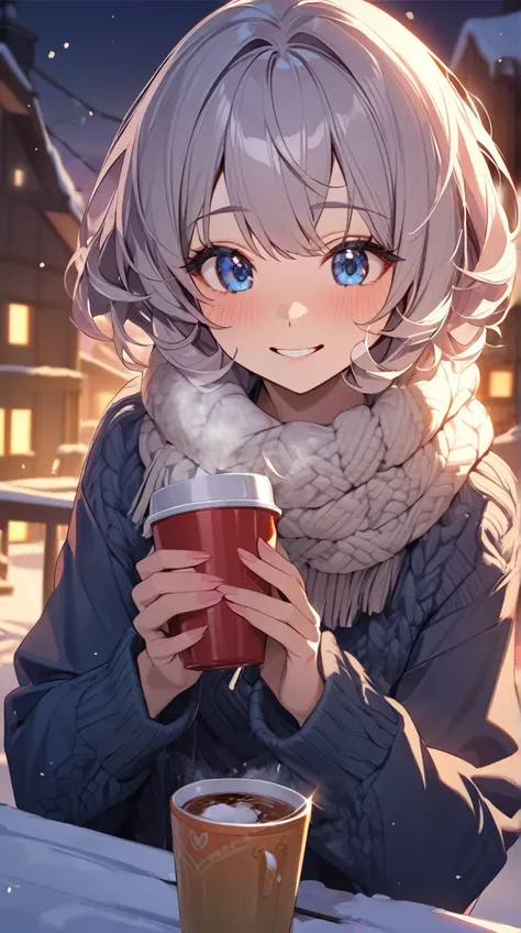 1 girl, A charming smile, Shining Eyes,  short curl hair,  Winter Knitted Sweaters ,  Active Posture , Healthy Skin, Small breasts,  Mischievous Look , muffler,  
break,  
Winter Dusk, ( Dramatic Lighting:1.3), Deep Blue, Vivid Shadows,  romantic atmospher...