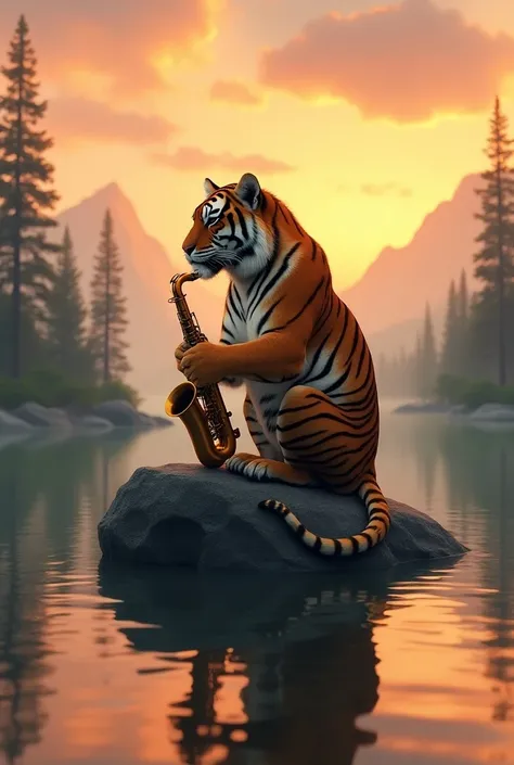 A powerful tiger sitting on a rock in the middle of a serene lake, playing a saxophone. The tiger holds the saxophone with its paws, and its tail is draped over the side of the rock. The water around reflects the tiger and the warm colors of the sunset, cr...