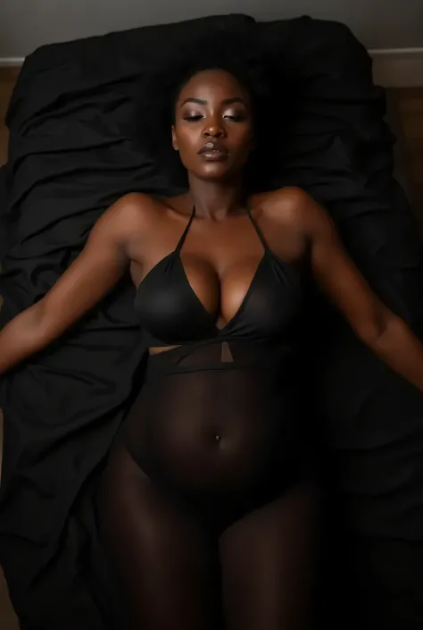  African woman with big breasts lying on the bed without hanging at all, Using transparent black silk sheets ,  in a crucified position ，Eyes half closed ， and arms extended like 
