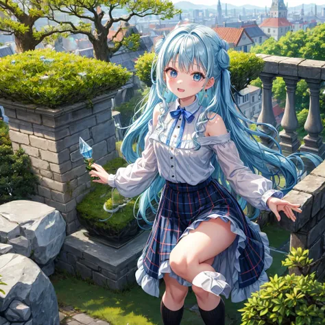 Light blue hair、Rainbow Eyes、Wavy Hair、Hair tied up、Two cute、 plaid mini skirt 、Black T-shirt、Long sleeve、and、Black knee-high socks、Teeth are visible、Ice Castle、Tilting face、lawn、In front of the city gate、The stone is cracked、Uneven ground、Stone Wall、The r...