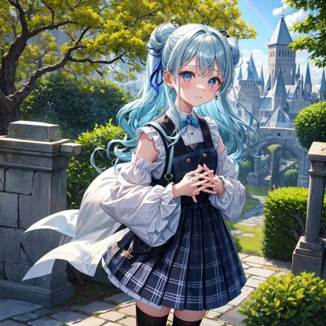 Light blue hair、Rainbow Eyes、Wavy Hair、Hair tied up、Two cute、 plaid mini skirt 、Black T-shirt、Long sleeve、and、Black knee-high socks、Teeth are visible、Ice Castle、Tilting face、lawn、In front of the city gate、The stone is cracked、Uneven ground、Stone Wall、The r...