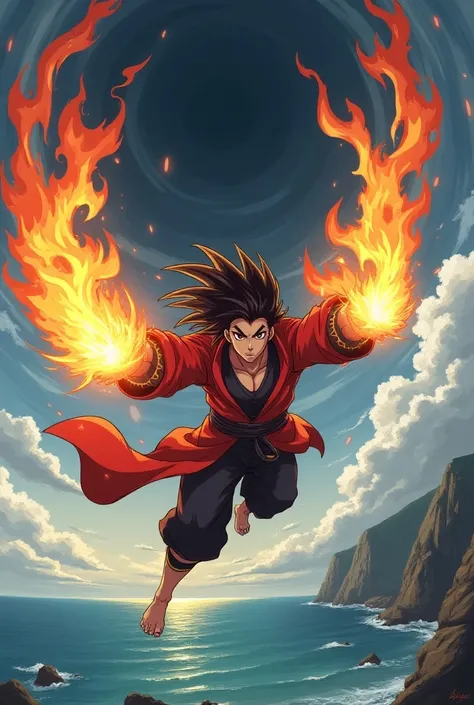  An anime hero flying in the sky while a dark swirl is rising, hero with fire powers , of coasts