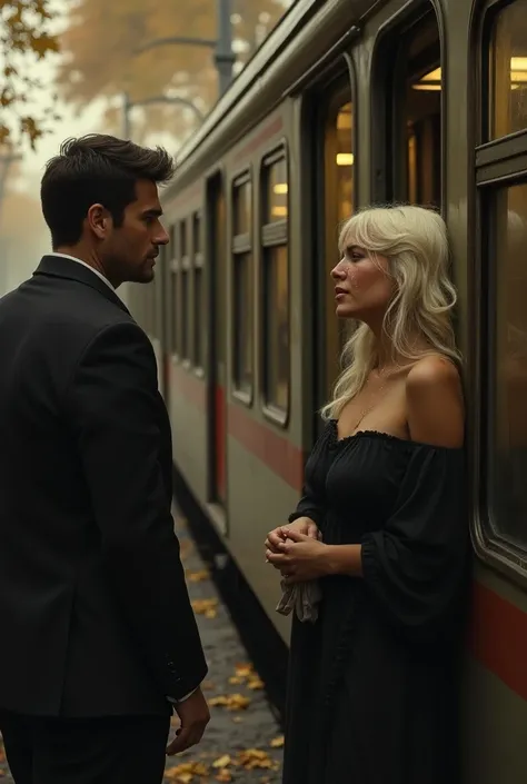 Farewell moment, on station platform. One of them is a man, looking at the woman from inside the train. She looks very sad. The other is a platinum blonde woman, standing in front of the train, looking up and staring into his face. The woman is sobbing, holding a handkerchief to her eyes and wiping away a large stream of tears. The season is autumn and the colour tones are slightly sepia.