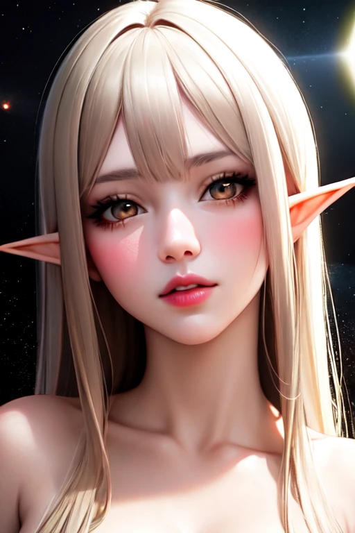 1Elf girl, beautiful face, ((white eyes)), sexy pose, Red moon in the background, stars, space, (lightroom:1.13), soft light, (natural skin texture:1.2), (hyperrealism:1.2), sharp focus, focused,[[realistic]]