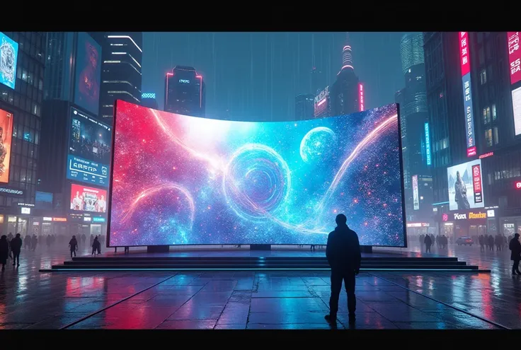 imagine large 5d led monitor setup at night in sci-fi city of cyberpunk cinematic scene 8k 