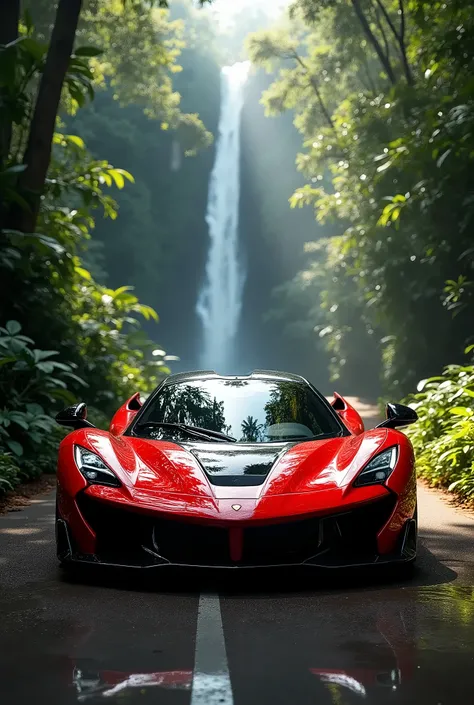 A red and black super car on the road in jungle with water fall