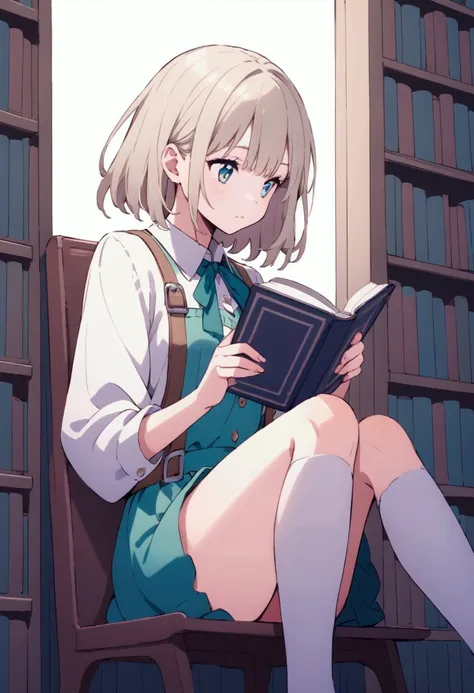 female middle school student reading a book in the library