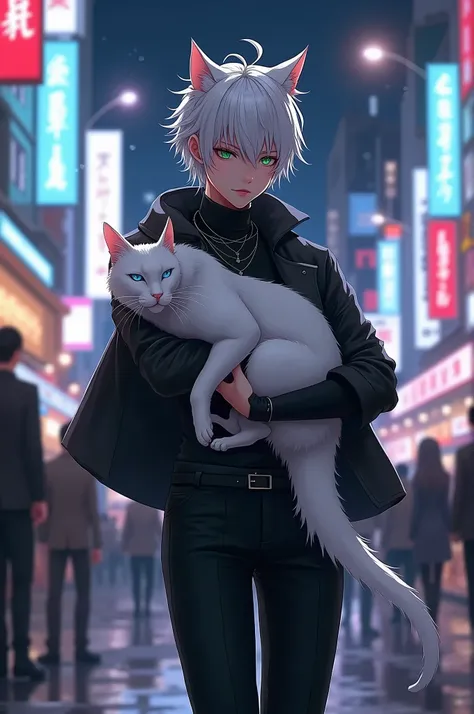 Catboy with white hair and in black clothes walking in tokyo city at night, white cat in his arms"