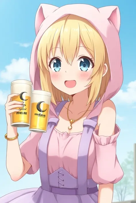 Blonde bob cut dress with cute 、Sky Blue Eyes、beautiful anime adult woman、Beer in both hands。In a glass of beer「MYo」A large logo with the letters。Two beers in my face、A dress adorned with a cute 。Pink and purple outfit。 ribbon to separate the bangs。Wear a ...