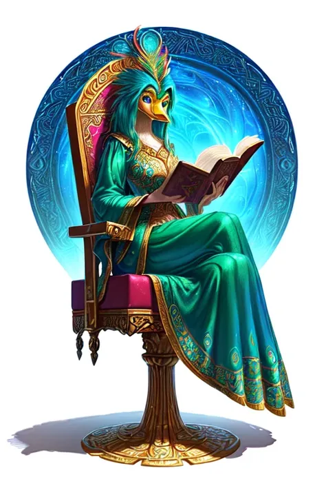 a woman in a peacock costume sitting on a table reading a book, quetzal, clothes themed on a peacock mage, digital painting of quetzalcoatl, perched on intricate throne, michael cheval (unreal engine, fantasy duck concept portrait, fantasy book illustratio...