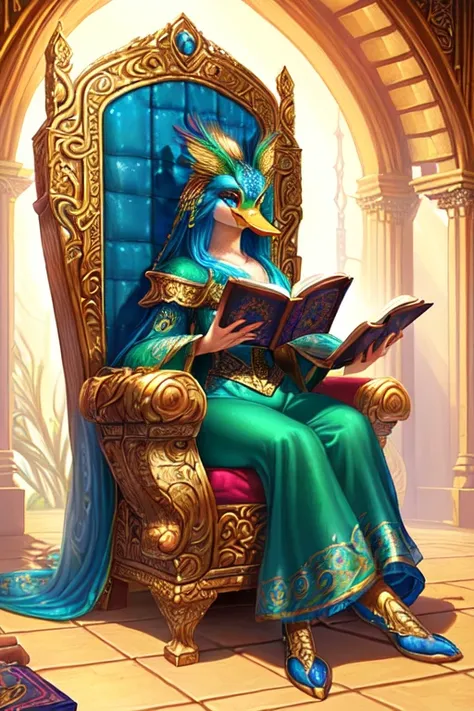 a woman in a peacock costume sitting on a table reading a book, quetzal, clothes themed on a peacock mage, digital painting of quetzalcoatl, perched on intricate throne, michael cheval (unreal engine, fantasy duck concept portrait, fantasy book illustratio...