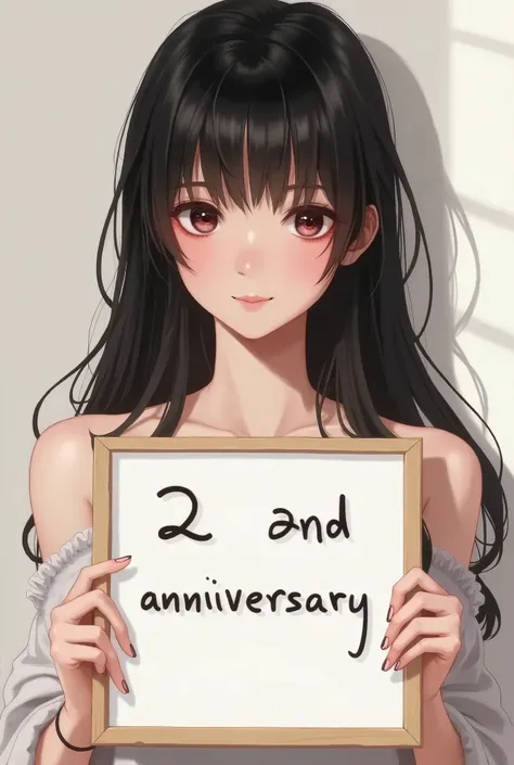 (masterpiece)), ((best quality)), (ultra-detailed)), ((hyperrealistic)), (japanese cute girl), (shiny skin), 1 ladyl, (black hair), long hair, long hair, long hair, dark eyes, tareme, droopy eyes), (slenderbody), , holding a whiteboard with “2nd anniversar...