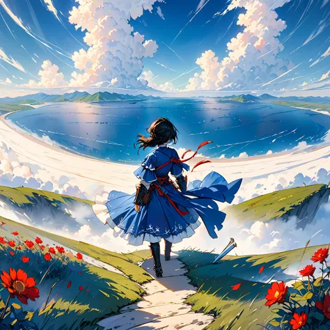 A black-haired female swordsman and teddy bear in medieval western blue armor
Standing in the back on a vast expanse of earth。
 The wind is blowing。