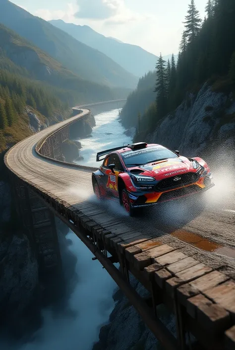 Rally car drive on above bridge below river