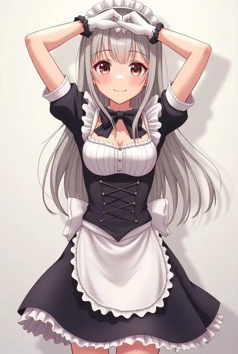 anime maid，White long gloves，put on handcuffs，Raise your hands above your head