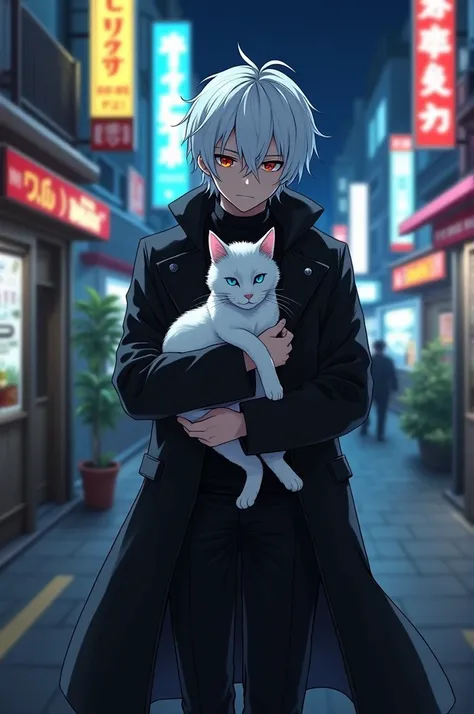 ((best quality)), ((masterpiece)), (detailed), perfect face Catboy with white hair and in black clothes walking in tokyo city at night, white cat in his arms"