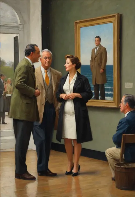 oil painting, woman opens her coat and looks at a painting of men who look at her with surprise, epic painting by artist, painting gallery, John Philip Falter, illusion painting hidden image, museum painting, artwork of the Museum of Fine Arts, incredible ...