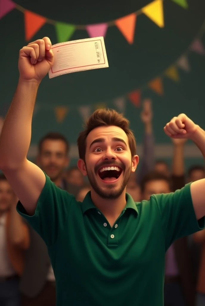 Human person wearing a dark green shirt celebrating with a raffle ticket in their hand showing their hand 

