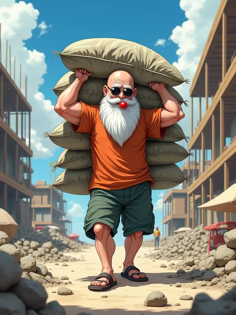 IMG_9476.CR2: Create a humorous and vibrant T-shirt design featuring a bald elderly man resembling Master Roshi from Dragon Ball, with a long white beard but no mustache, effortlessly carrying ten sacks of cement on his back. He wears a short-sleeved shirt...