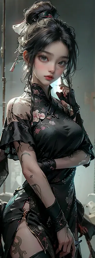 ((Best Quality)), ((masterpiece)), (detailed: 1.4), 3d,  high res ( High Dynamic Range ), Backlight, Battle-Damaged Maiden ,  A Chinadren woman who seems to have come from ancient times  , （Fighting Gorgeous China Dress ）、（Hold the sword）、  Shes Full of Cy...