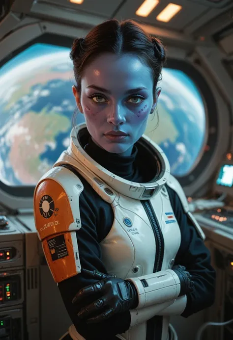 A pretty female alien wearing futuristic outfit in space ship