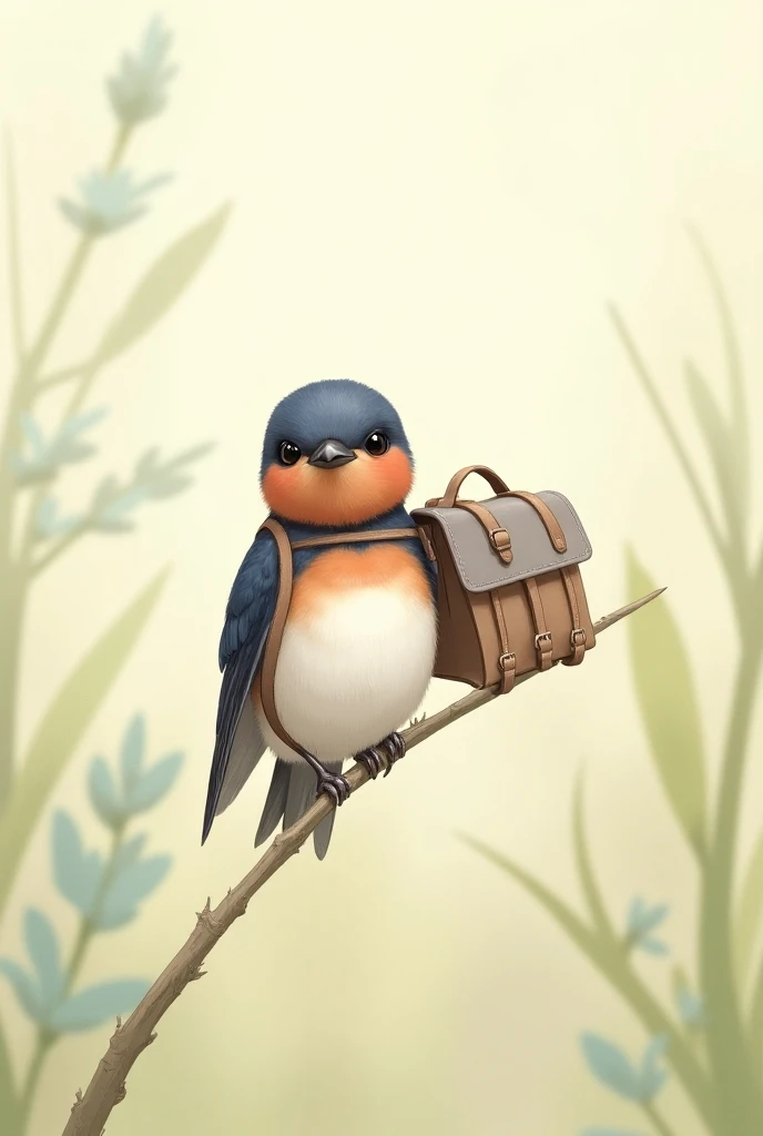  A drawing of a small swallow with a backpack on its back.  The backpack handles pass over its wings . The light is natural .  The environment is natural .  The angle of view is focused on the swallow .  The design is beautiful and very soft .  The colors ...