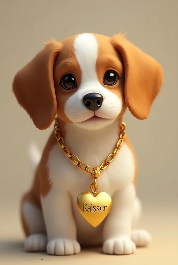 Beagle lemon with gold chain and pendant with the name Kaisser