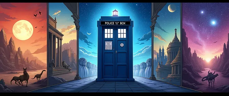 In style of anime and webtoon manhwa style,
Draw Image of the TARDIS on foreground, TARDIS staying in historical epoch.
collage, The dividing line, several images side by side, different time periods, prehistoric, elder epoch, modern era, future, space age...