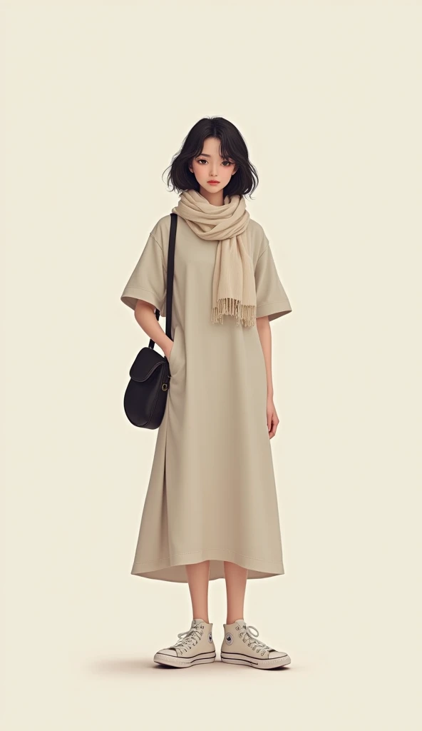 Create an image of a person standing in a neutral pose, wearing a casual outfit consisting of a long-sleeve, knee-length dress with a relaxed fit. The dress is paired with a scarf draped around the neck and hanging loosely. The person is accessorized with ...