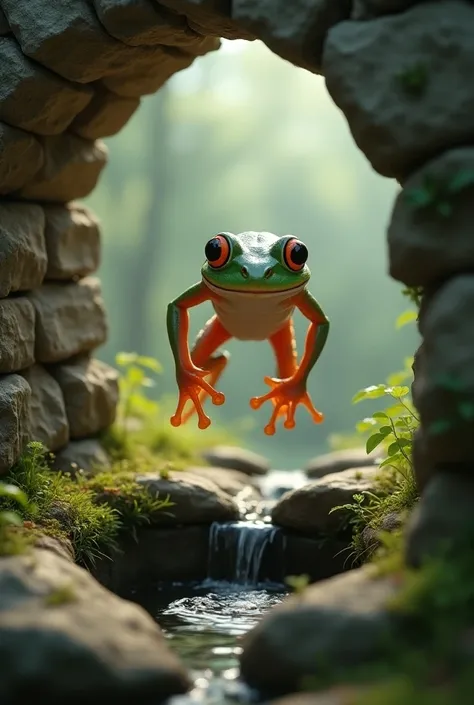 Curious but fearful, frog finally jumped out from small well 