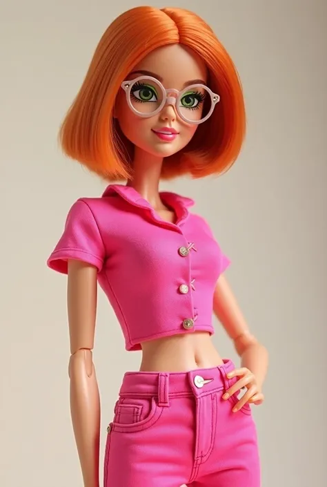 I want a Barbie with short, straight orange hair, green eyes, thin and with glasses , pink jeans and blouse 