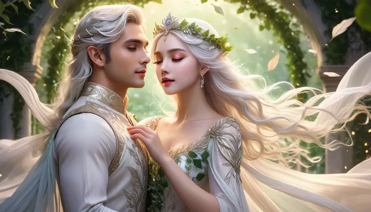 ethereal elf princess,extremely detailed eyes and face,long eyelashes,beautiful detailed lips, flowing white hair, wearing a stunning flowing dress made of delicate leaves and vines, she is dancing with the handsome prince in wind fild, glowing magical aur...