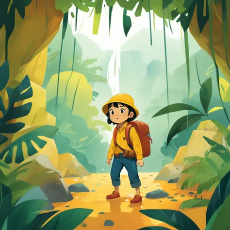 Educational rens book illustration, primary color palette,，Rainy weather, Jungle adventure, treasure, hole in the mountain, In the daytime, Curious mood, rens book