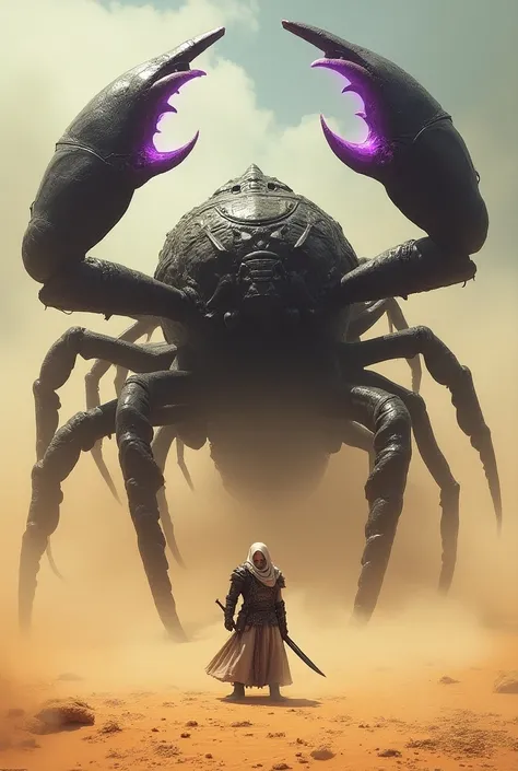 A terrifying, black-armored scorpion the size of a house, with a stinger glowing a venomous purple, looming behind its master. The master is a desert warlord draped in light robes and chainmail, carrying a curved scimitar. Both of them stand still in a vas...