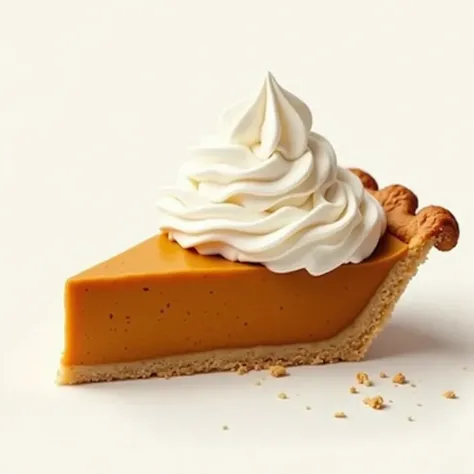 Traditional pumpkin pie for thanksgiving day diner, topped with whipped cream, isolated on the white background