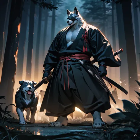 Best Quality, masterpiece,  high res, 8k,  Furry , Body hair,  Furry  male,sumi-e style, dog, eyepatch, Kimono, samurai, with sword, night forest