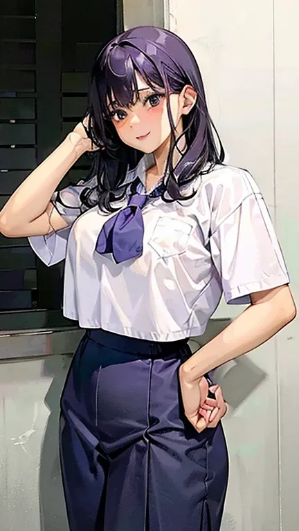 She sports striking purple hair that reaches her back.  Her hazel eyes add warmth to her expression.  She dresses in a modern outfit, with a printed white blouse and black pants that reflect her more relaxed but chic style. Busty, big hip, big legs, big as...