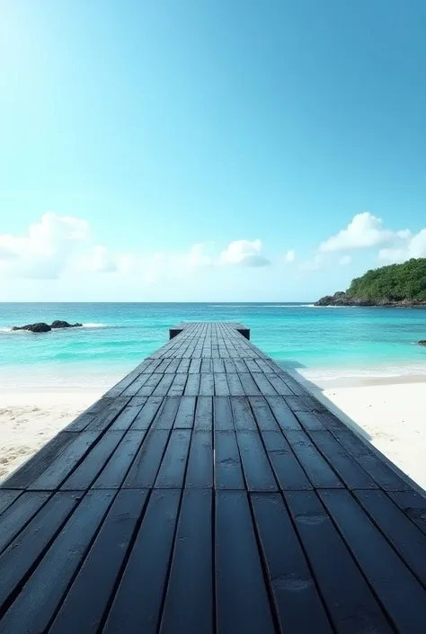 Stylish photography, Walkway A pier made of black wood , towards a beautiful blue beach with white sand, with a green coral island in the distance ,ultra realistic,ultra hd detail .