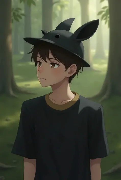 a male brunette in a black shirt black deer book hat and megunaka het pon 