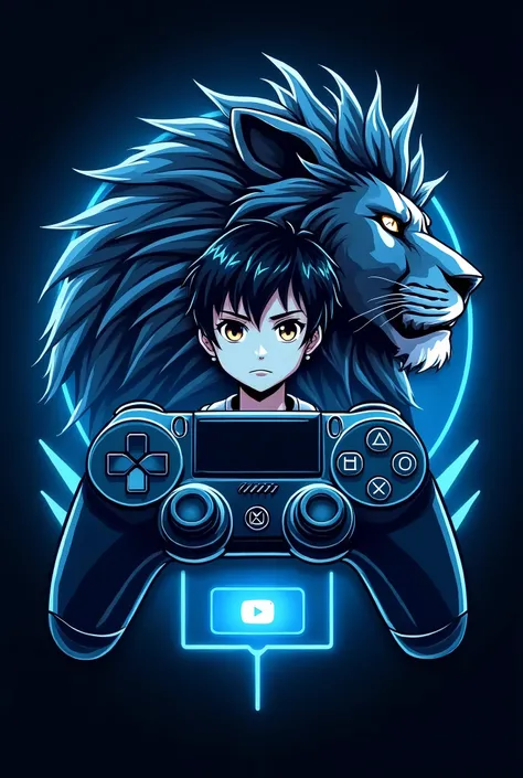 This is a gaming logo that features the name “Name” in a futuristic font and a neon blue color. and Boy and lion Anime avtar, The logo also has a stylized controller icon and a YouTube play button in the background. The logo is designed to be attractive an...